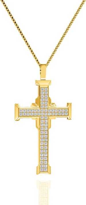 Men's Gold Zirconia Cross Necklace, Stainless Steel Religious Jewelry with 24" Pearl Chain, Hip Hop Style, Gift-Ready