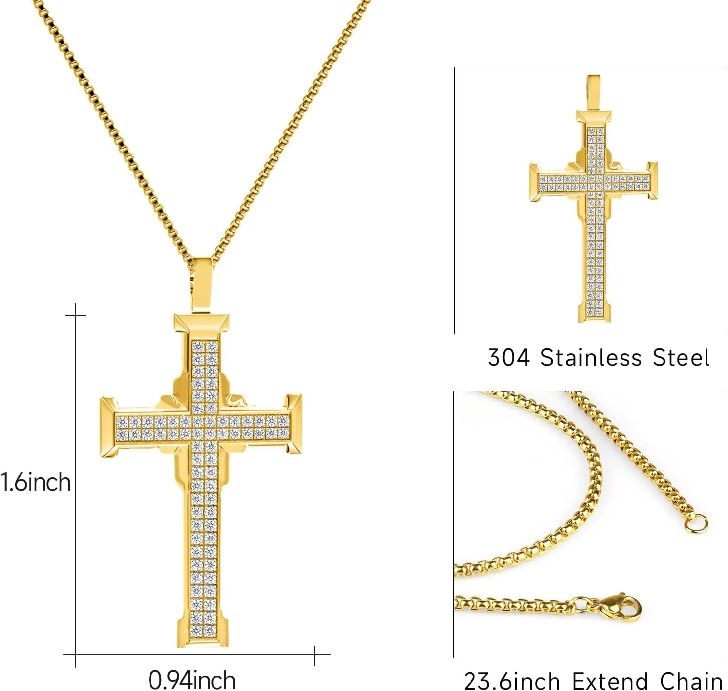 Men's Gold Zirconia Cross Necklace, Stainless Steel Religious Jewelry with 24" Pearl Chain, Hip Hop Style, Gift-Ready