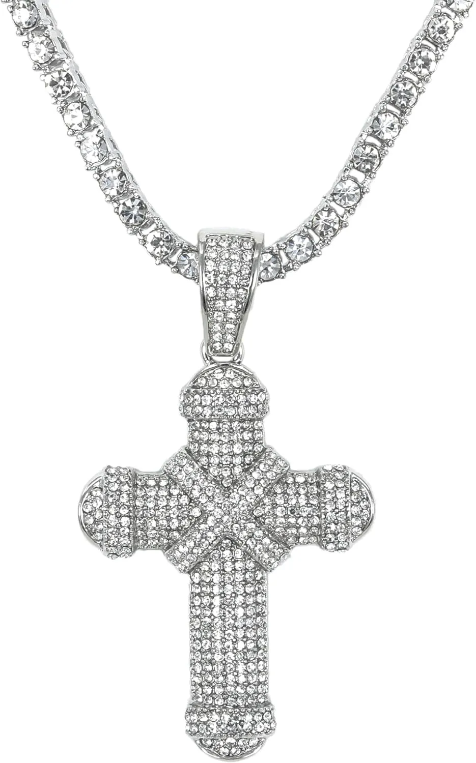 Mens Iced-Out Religious Pendant with 3mm Tennis Chain  Hip-Hop Cross Necklace, Luxury Statement Jewelry, Gift for Him