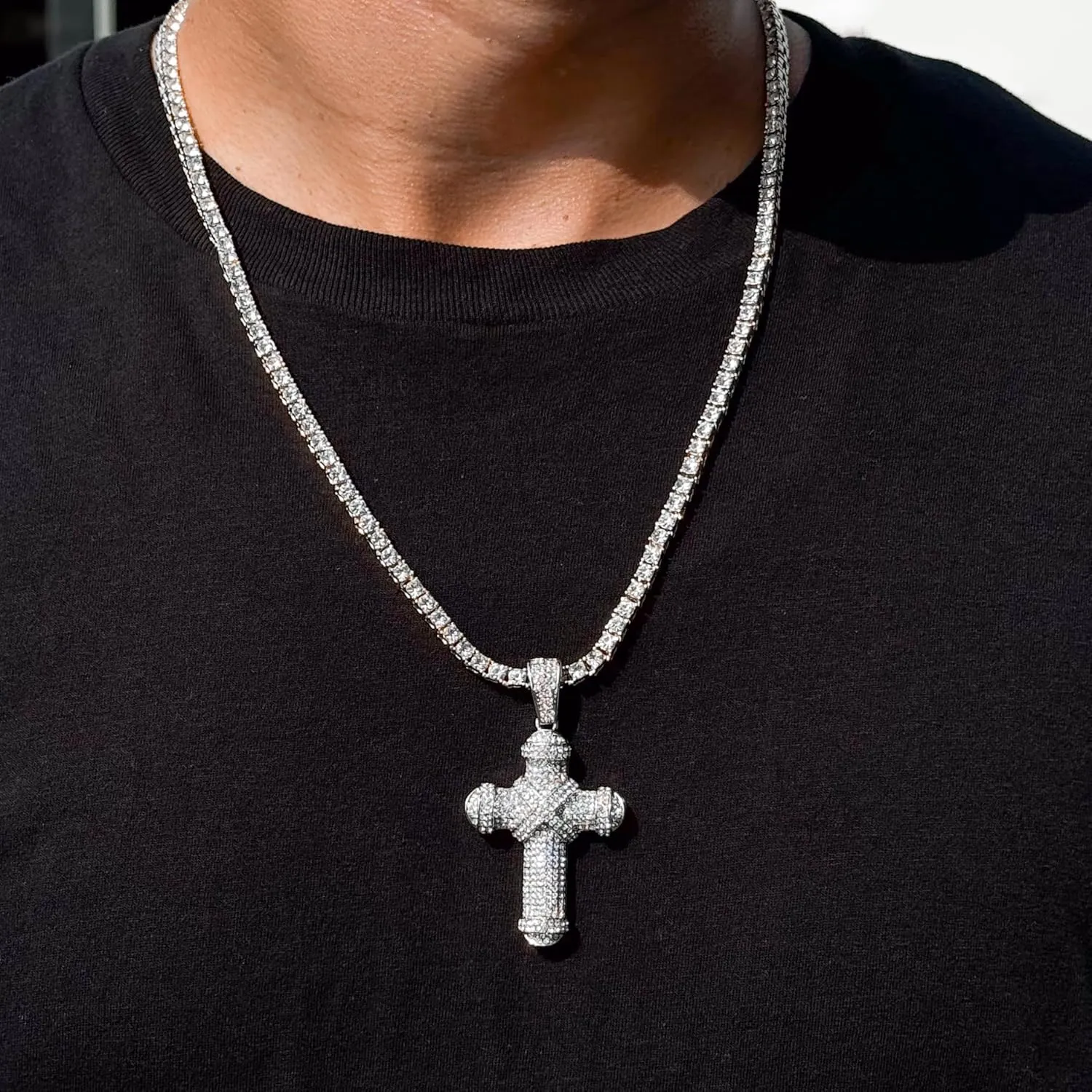 Mens Iced-Out Religious Pendant with 3mm Tennis Chain  Hip-Hop Cross Necklace, Luxury Statement Jewelry, Gift for Him