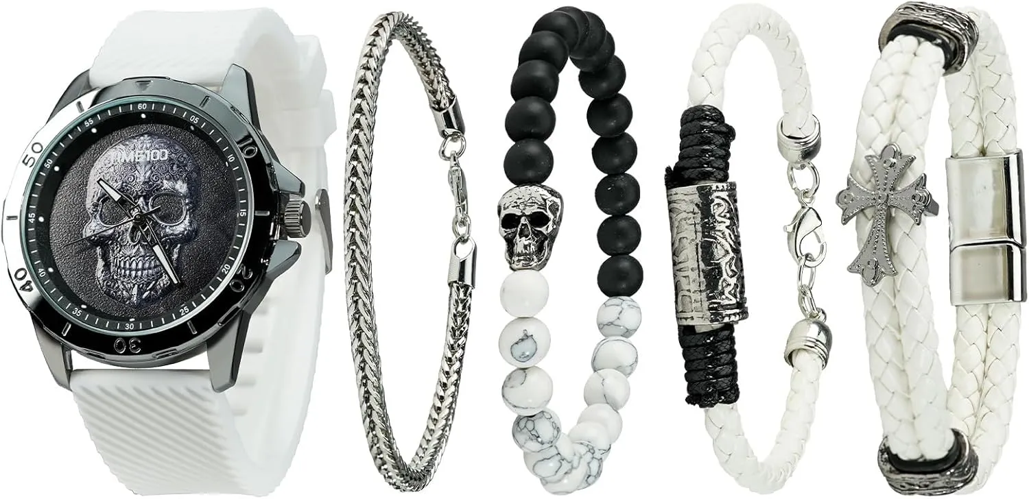 Men's Skull Watch with Stackable Bracelet Set, Silicone Band