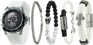 Men's Skull Watch with Stackable Bracelet Set, Silicone Band