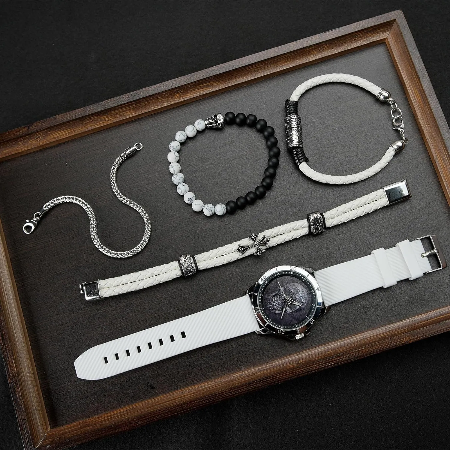 Men's Skull Watch with Stackable Bracelet Set, Silicone Band