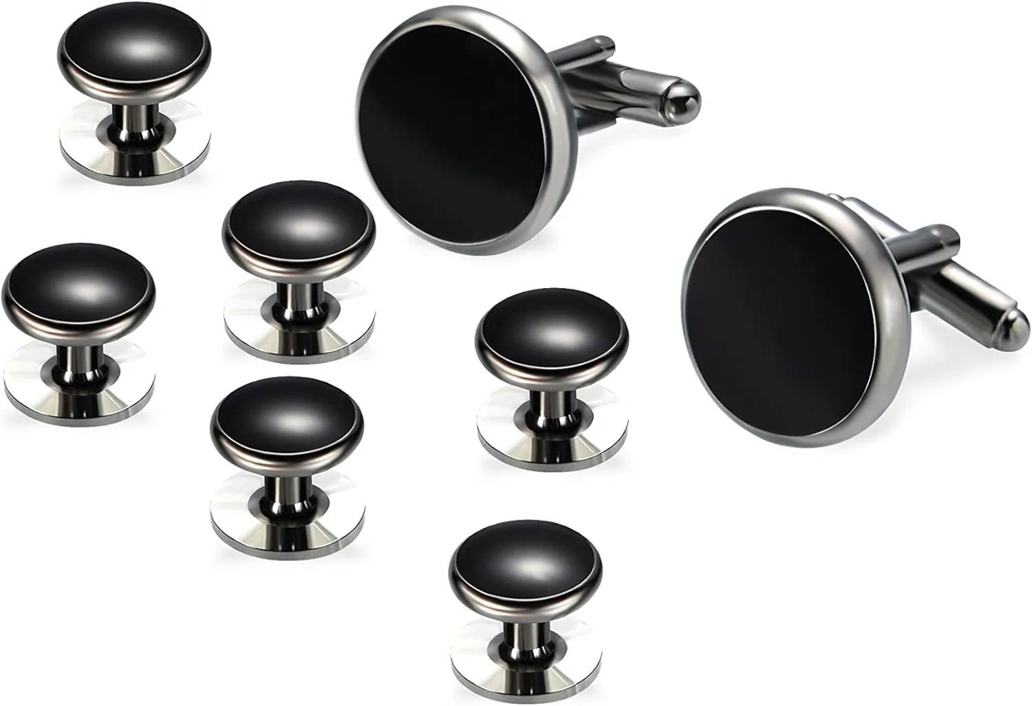 Men's Tuxedo Shirts Round Cufflinks and Studs Set For Business Wedding Black and Sliver