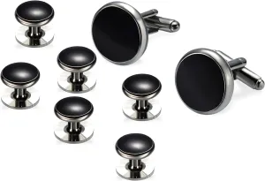 Men's Tuxedo Shirts Round Cufflinks and Studs Set For Business Wedding Black and Sliver