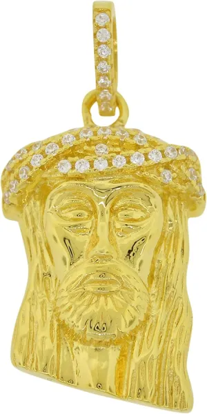 Men's Yellow Gold-Plated Sterling Silver Round Cut Cubic Zirconia Jesus Piece Pendant, 1.20" x 0.60"