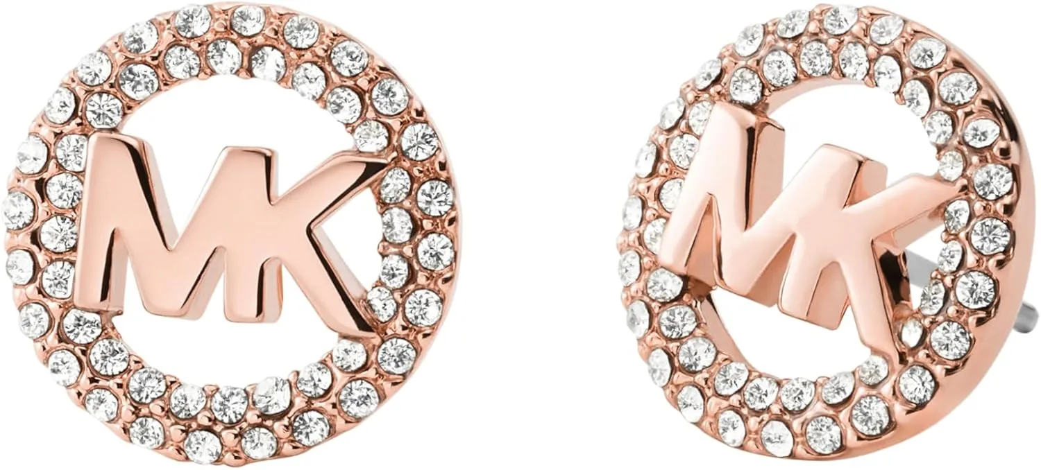 Michael Kors Brass and Pav Crystal MK Logo Stud Earrings for Women