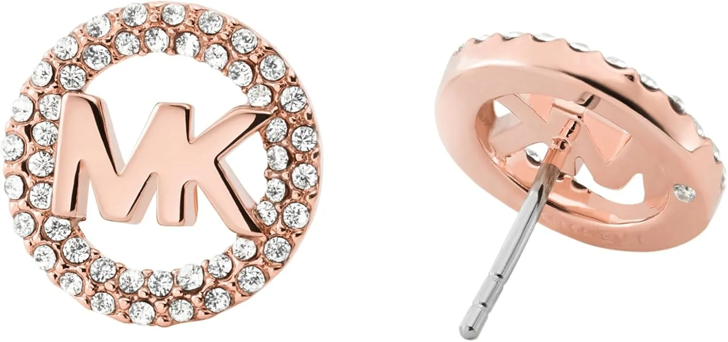 Michael Kors Brass and Pav Crystal MK Logo Stud Earrings for Women