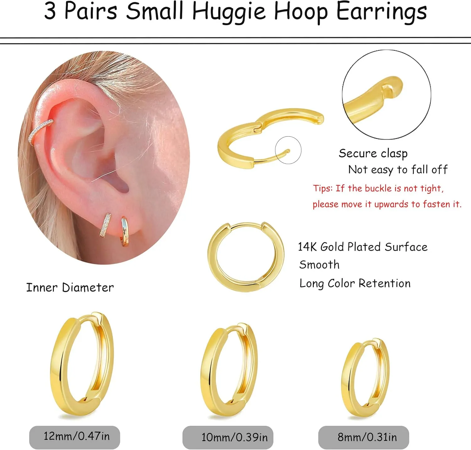 micuco 3 Pairs Small Hoop Earrings for Women, Tiny Helix Hoop Earring for Men, Cartilage Hoop Earring Set, Hypoallergenic Earrings