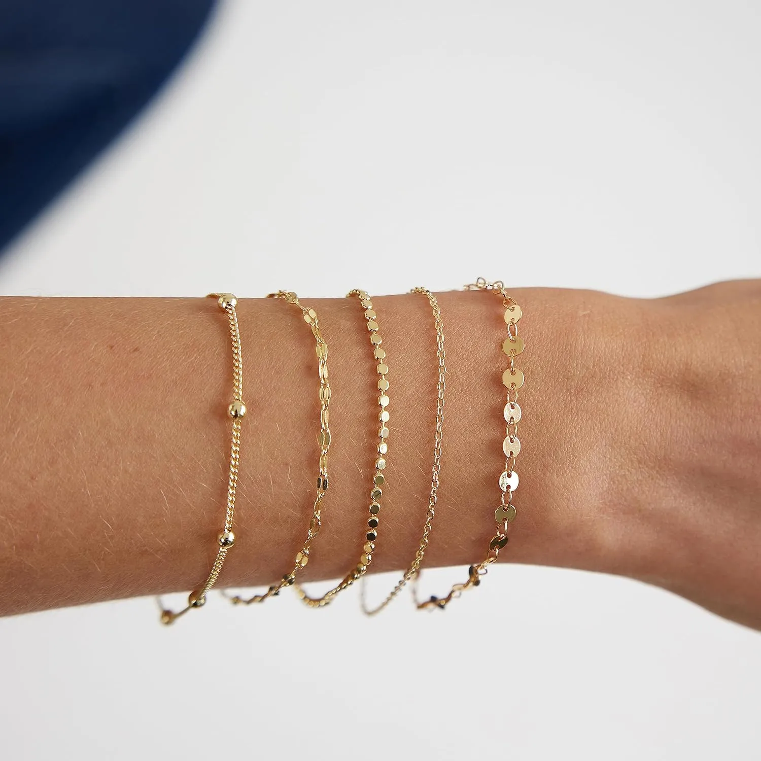MIDEEO Dainty Gold Layered Bracelet for Women 14K Gold Plated Layered Bracelet Set Layering Bracelets Simple Satellite Box Coins Beaded Layering Set Women Jewelry Gift