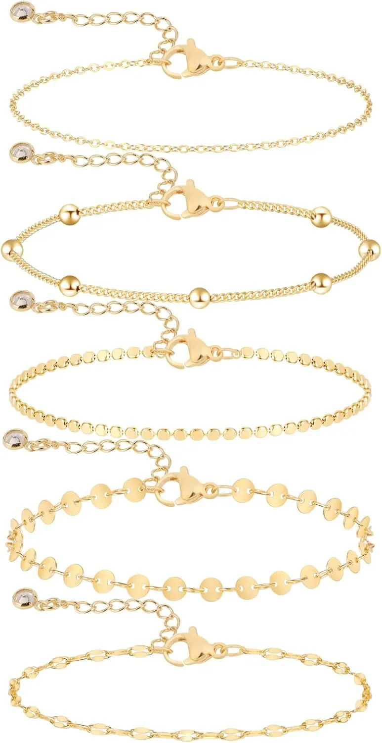 MIDEEO Dainty Gold Layered Bracelet for Women 14K Gold Plated Layered Bracelet Set Layering Bracelets Simple Satellite Box Coins Beaded Layering Set Women Jewelry Gift