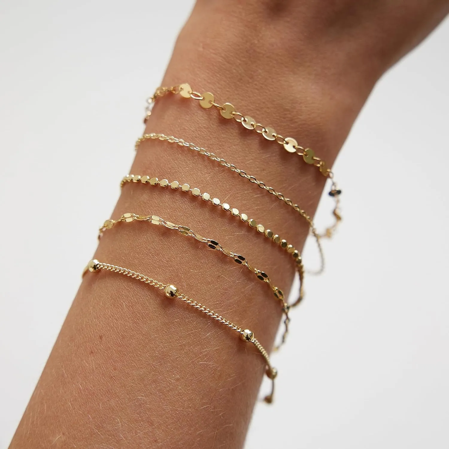 MIDEEO Dainty Gold Layered Bracelet for Women 14K Gold Plated Layered Bracelet Set Layering Bracelets Simple Satellite Box Coins Beaded Layering Set Women Jewelry Gift