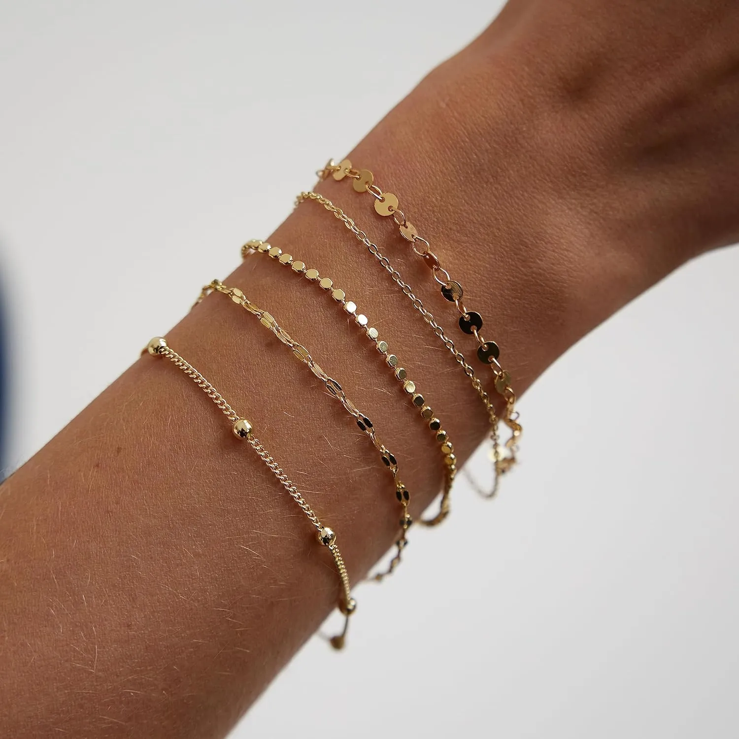 MIDEEO Dainty Gold Layered Bracelet for Women 14K Gold Plated Layered Bracelet Set Layering Bracelets Simple Satellite Box Coins Beaded Layering Set Women Jewelry Gift