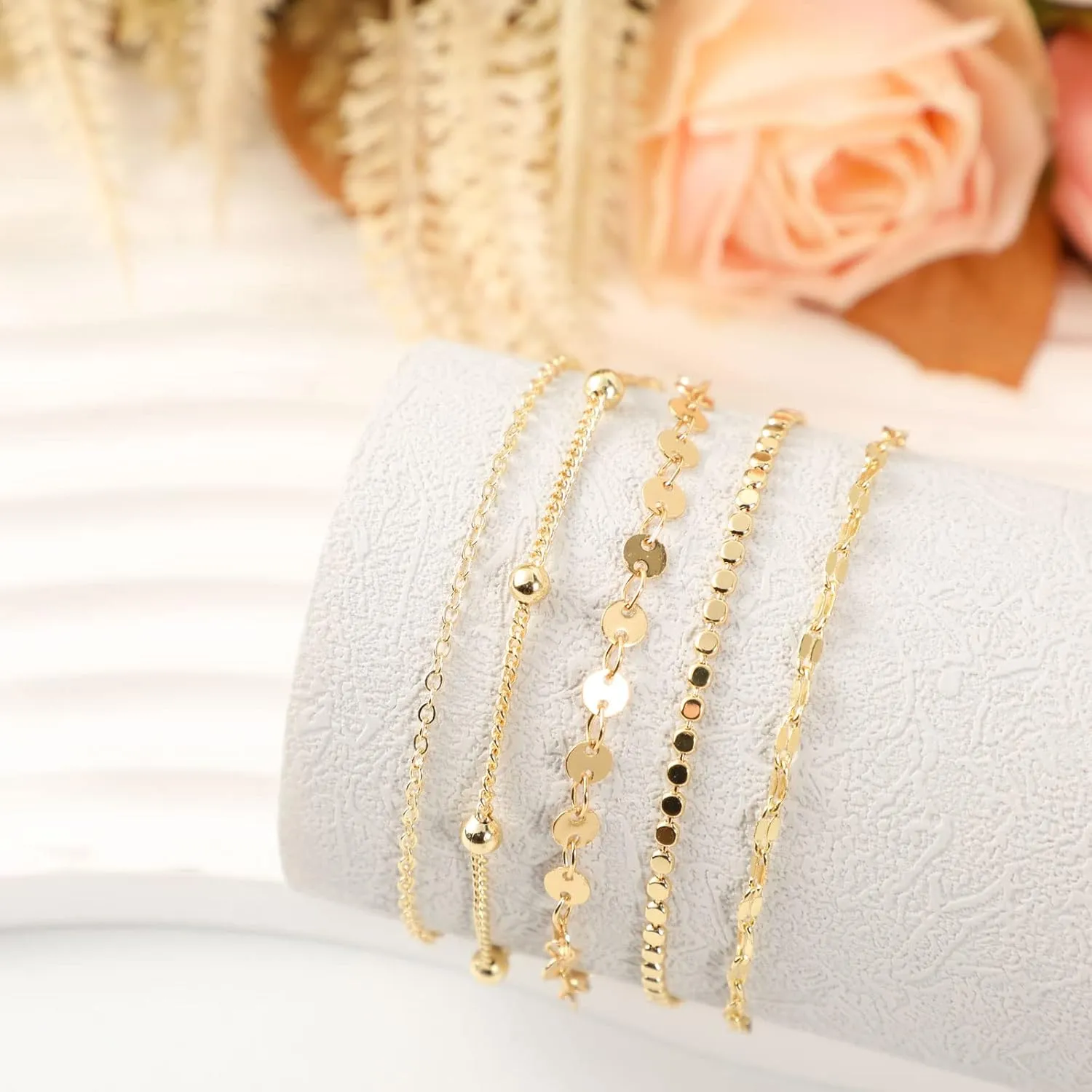 MIDEEO Dainty Gold Layered Bracelet for Women 14K Gold Plated Layered Bracelet Set Layering Bracelets Simple Satellite Box Coins Beaded Layering Set Women Jewelry Gift