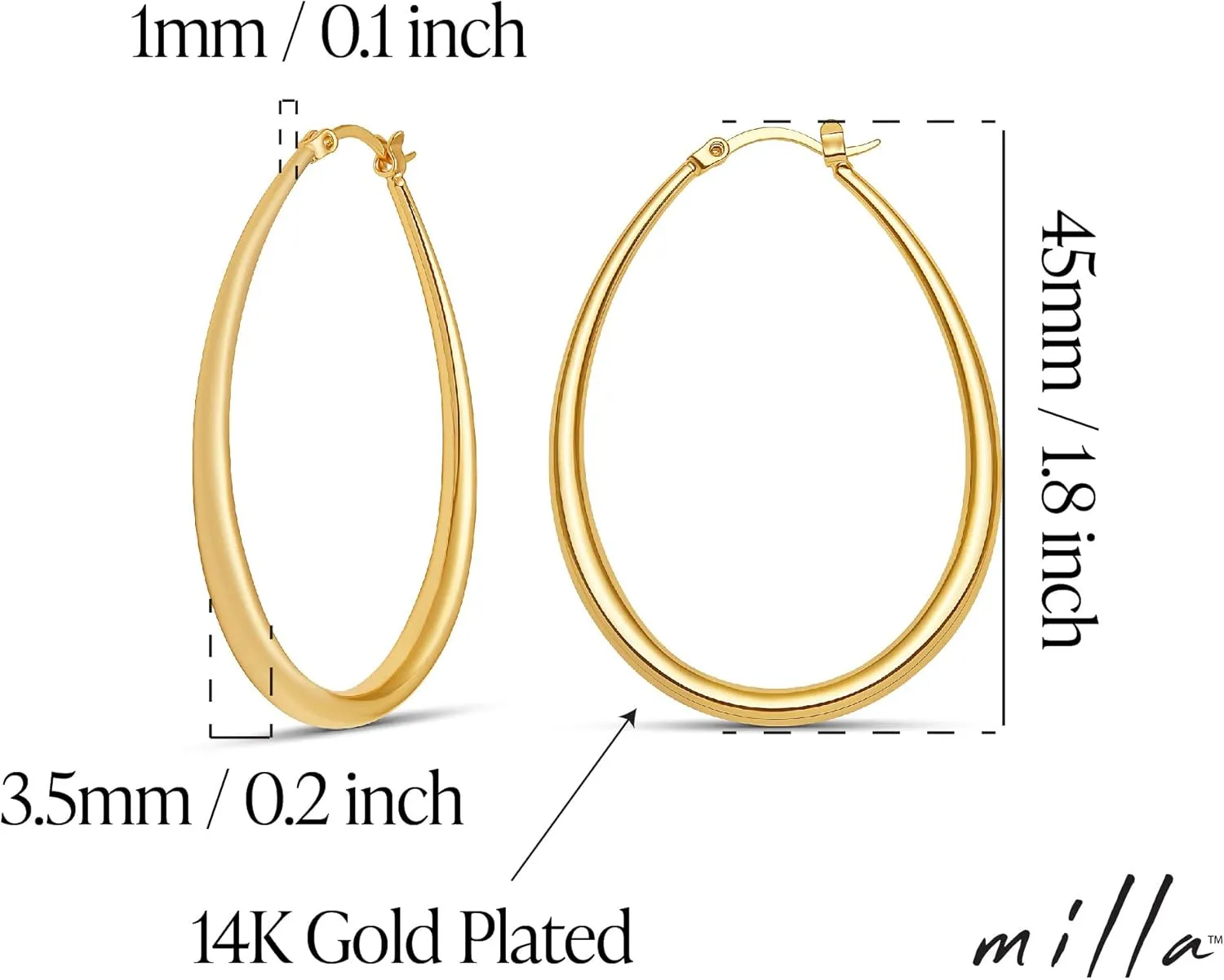 MILLA Oval Hoop Earrings - 14K Gold Plated, Rose Gold Plated and Sterling Silver Plated Hoop Earrings for Women - Hypoallergenic & Lightweight