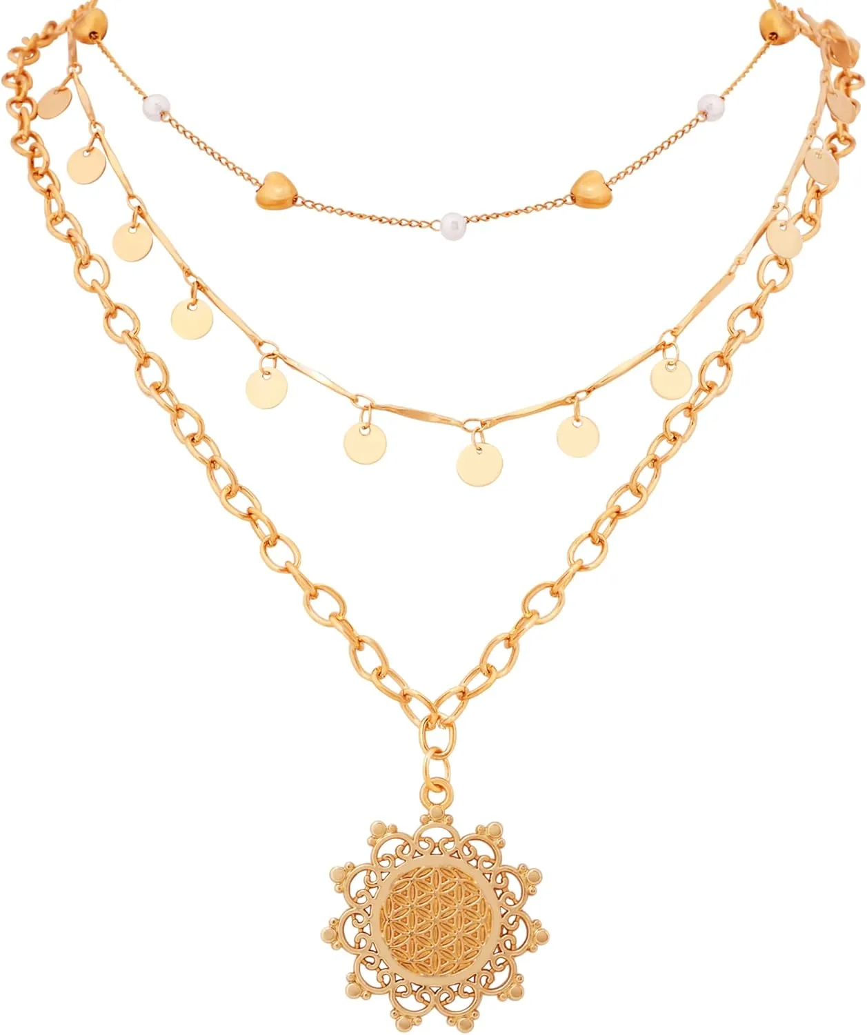 MINACHI Vintage Boho Multi-Layered Chain Necklace with Heart Coin Bead and Sun Pendant, Boho Fashion Statement Jewelry Gift for Women