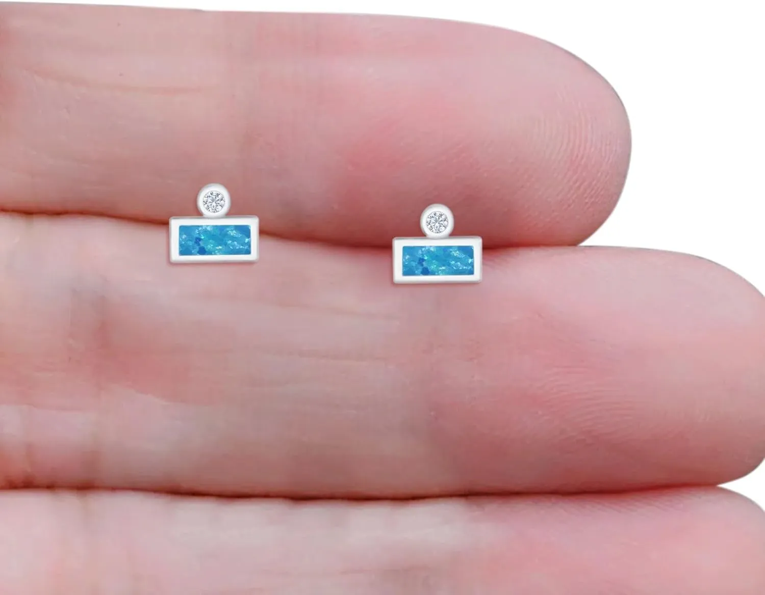 Minimalist 5.8mm Rectangular Shaped Lab Created Opal Bar Stud Earring Push Back Round Cubic Zirconia Geometric Design Solid 925 Sterling Silver Gift For Women