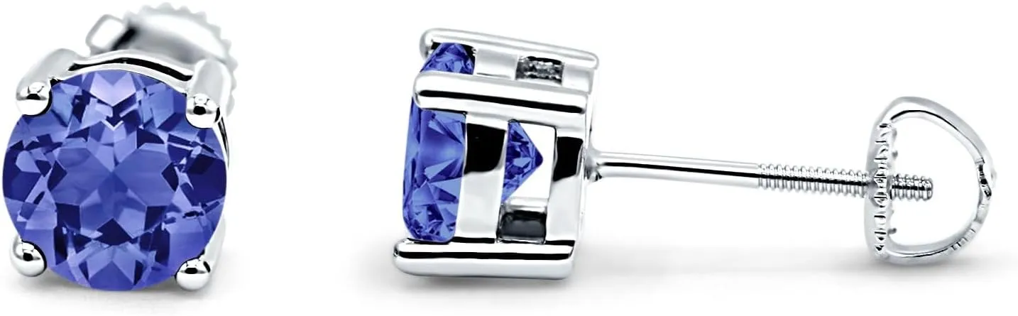 Minimalist Round Solitaire Unique Screw Back Unisex Stud Earrings Tanzanite CZ Solid 925 Sterling Silver