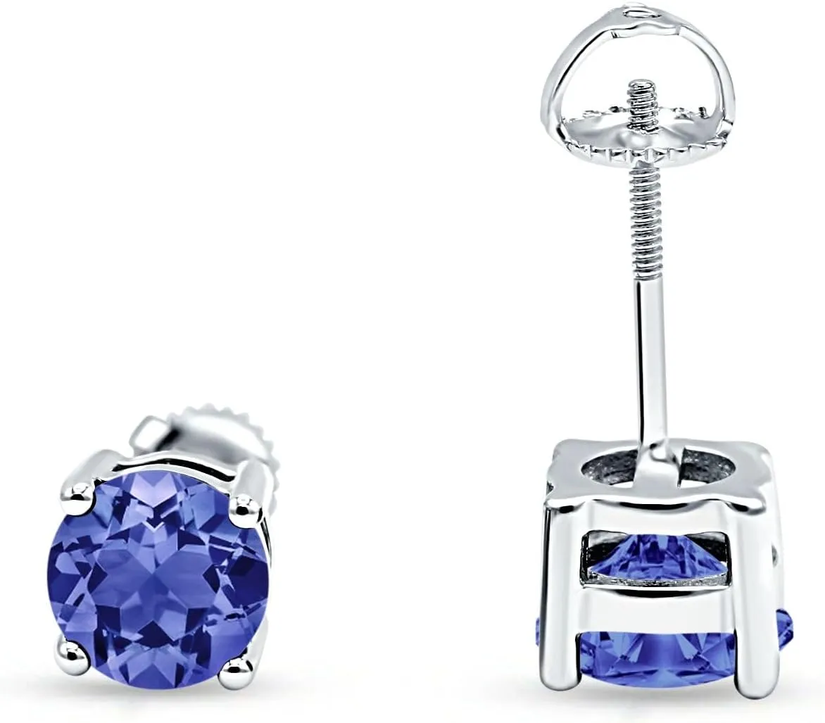 Minimalist Round Solitaire Unique Screw Back Unisex Stud Earrings Tanzanite CZ Solid 925 Sterling Silver