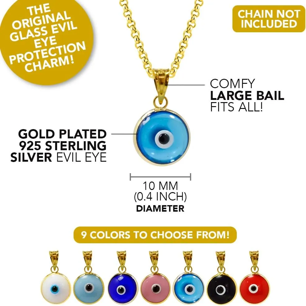 MIZZE Made for Luck Gold Plated 925 Sterling Silver 10 MM Round Glass Evil Eye Charm Pendant - 7 Colors to Choose from