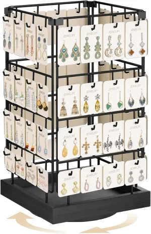 MODOWEY 360 Rotating Earring Cards Organizer Holder Stands for Selling Vendors, 64 Hooks Jewelry Display Tree, Towers Storage for Necklaces Bracelets Rings (Black)