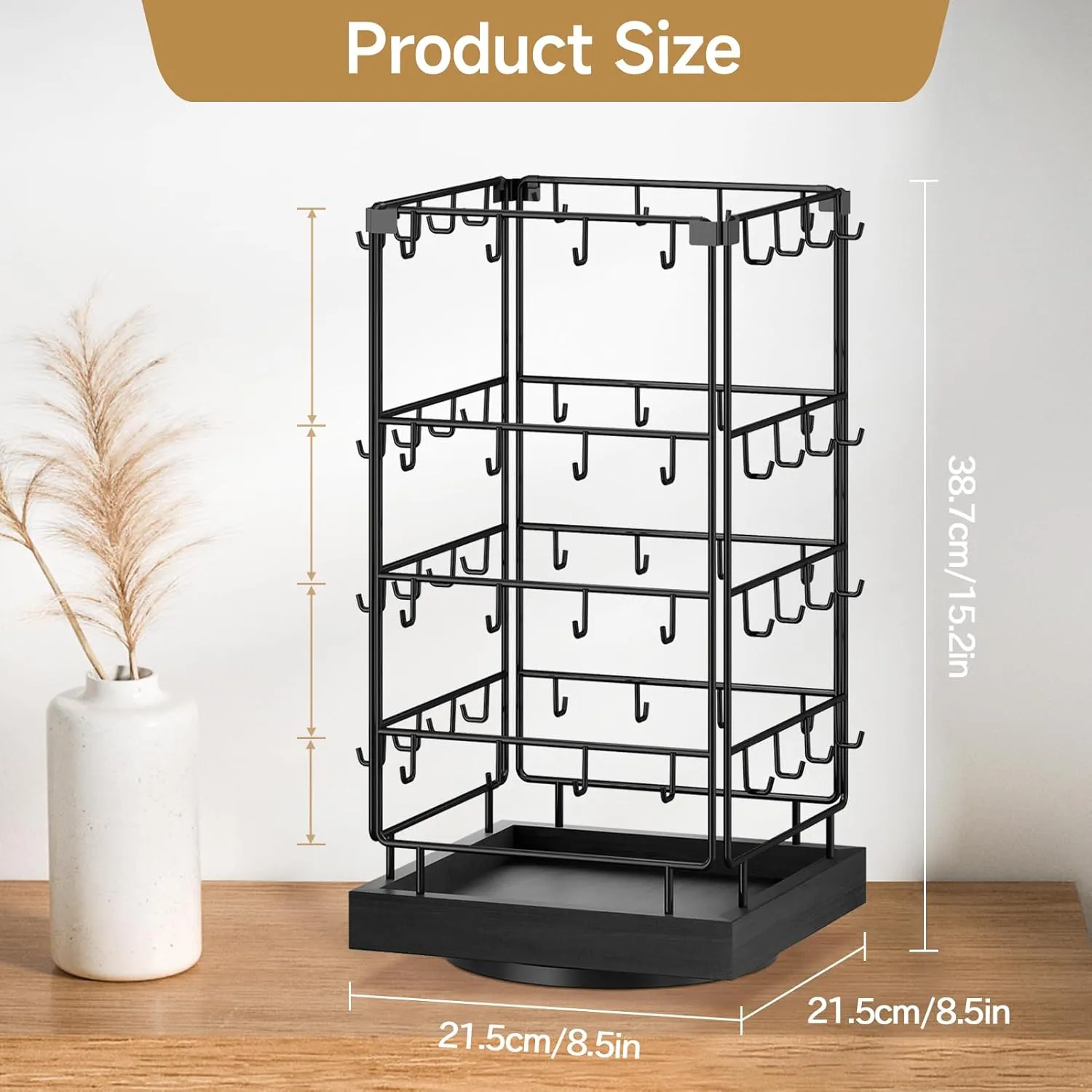 MODOWEY 360 Rotating Earring Cards Organizer Holder Stands for Selling Vendors, 64 Hooks Jewelry Display Tree, Towers Storage for Necklaces Bracelets Rings (Black)