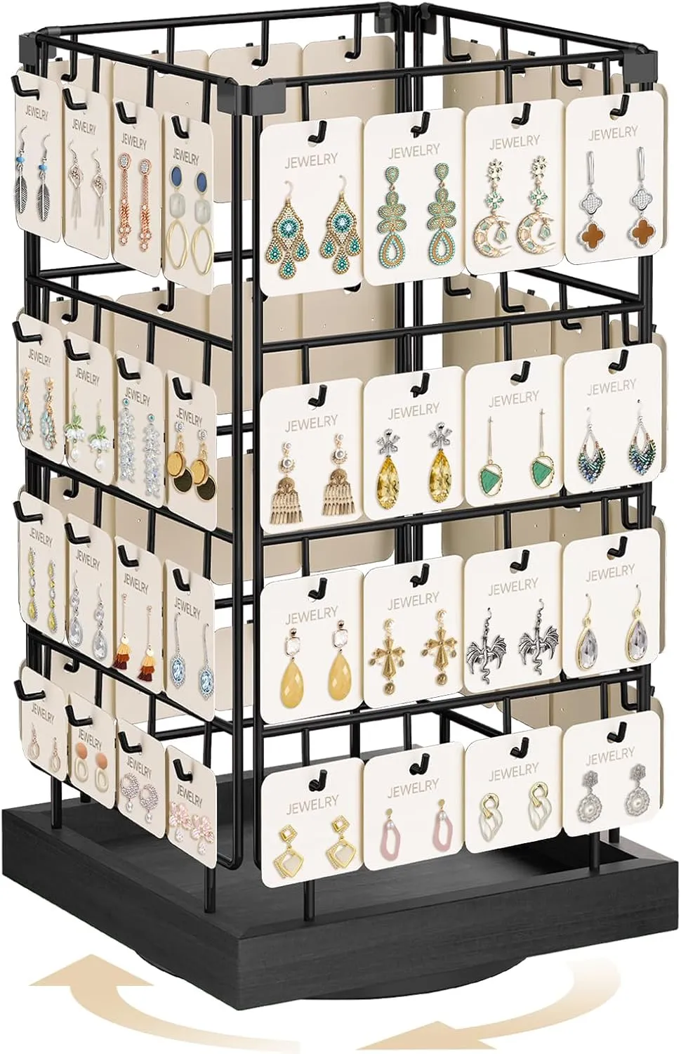 MODOWEY 360 Rotating Earring Cards Organizer Holder Stands for Selling Vendors, 64 Hooks Jewelry Display Tree, Towers Storage for Necklaces Bracelets Rings (Black)