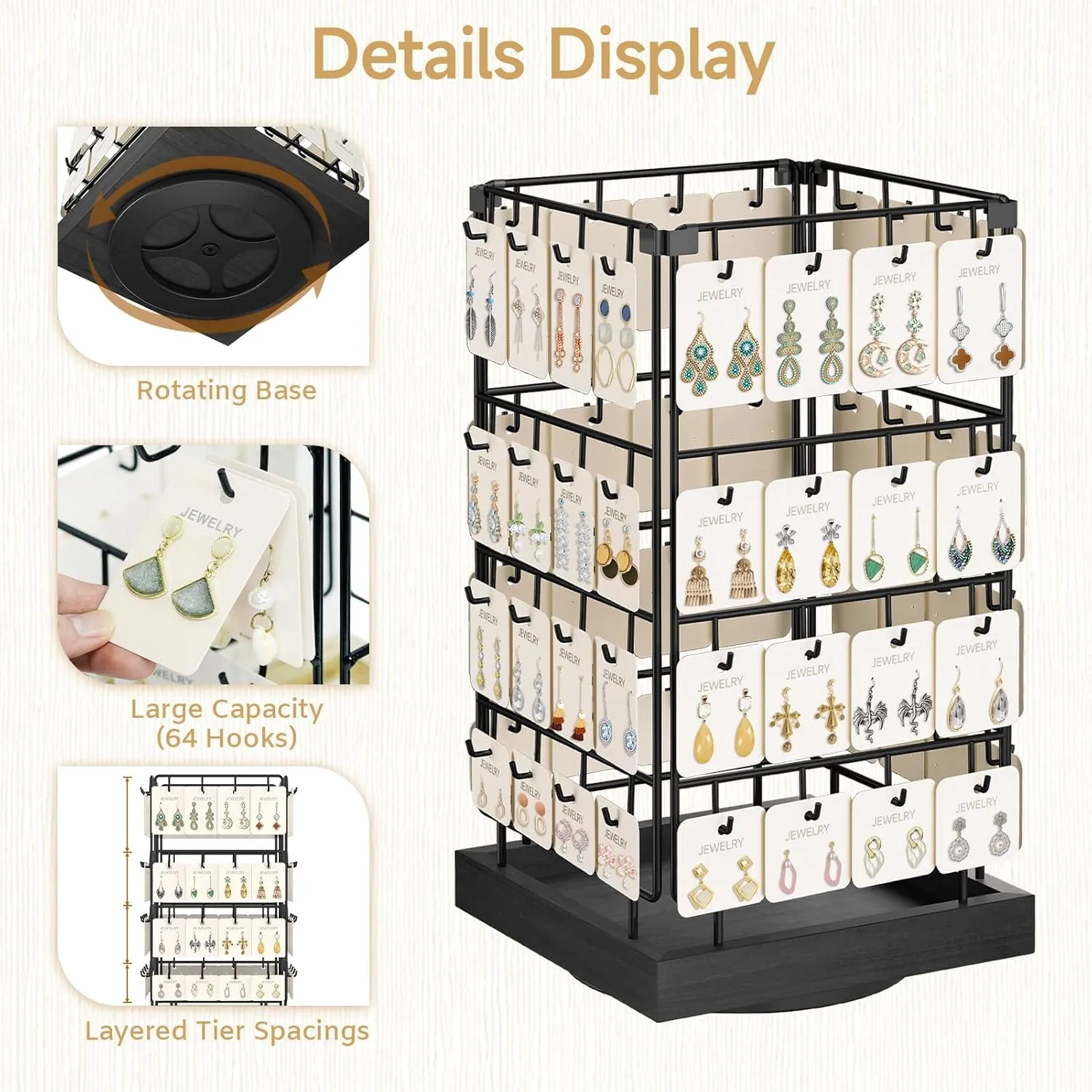 MODOWEY 360 Rotating Earring Cards Organizer Holder Stands for Selling Vendors, 64 Hooks Jewelry Display Tree, Towers Storage for Necklaces Bracelets Rings (Black)