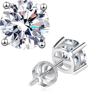 Moissanite Earrings for Women Men, Screw Back Studs 925 Sterling Silver, 18K White Gold Plated, Round Cut D Color VVS1 Hypoallergenic Jewelry Gifts