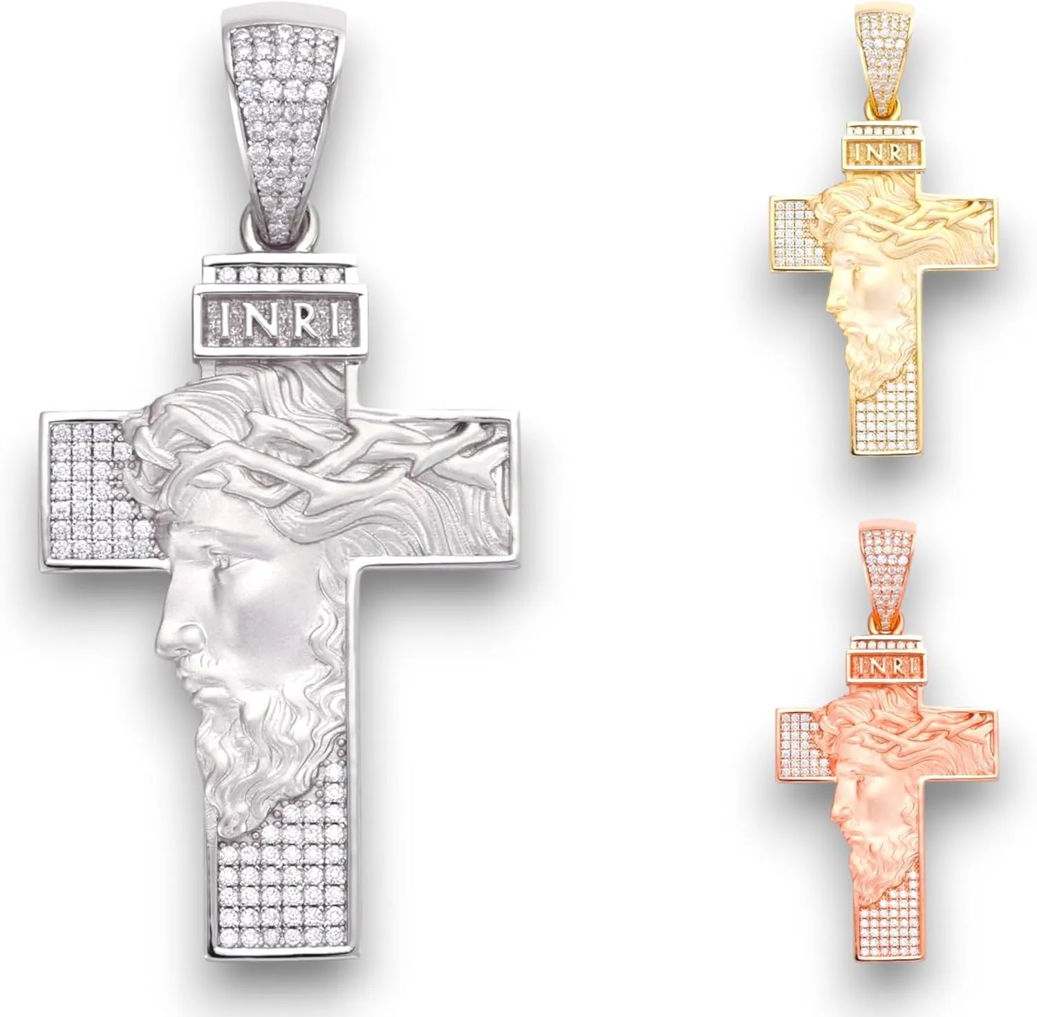 Moissanite Jesus Face on Cross Iced Out Pendant in 14k Gold & Rose Gold & White Gold Over Solid 925 Sterling Silver 1.2 Carat Round cut VVS/D Moissanite Iced Cross Pendant Necklace For Men & Women