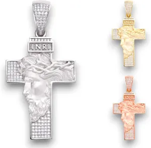 Moissanite Jesus Face on Cross Iced Out Pendant in 14k Gold & Rose Gold & White Gold Over Solid 925 Sterling Silver 1.2 Carat Round cut VVS/D Moissanite Iced Cross Pendant Necklace For Men & Women