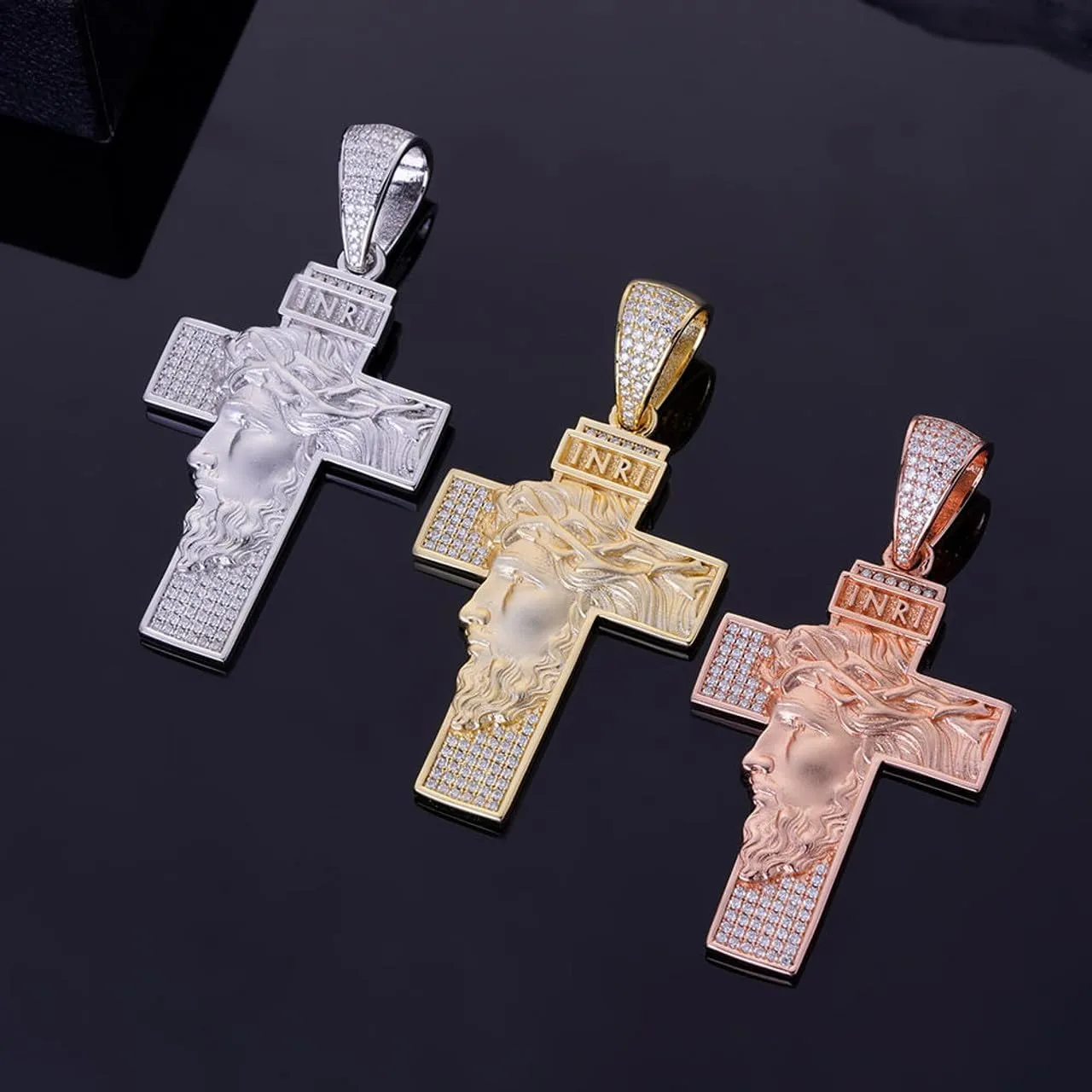 Moissanite Jesus Face on Cross Iced Out Pendant in 14k Gold & Rose Gold & White Gold Over Solid 925 Sterling Silver 1.2 Carat Round cut VVS/D Moissanite Iced Cross Pendant Necklace For Men & Women