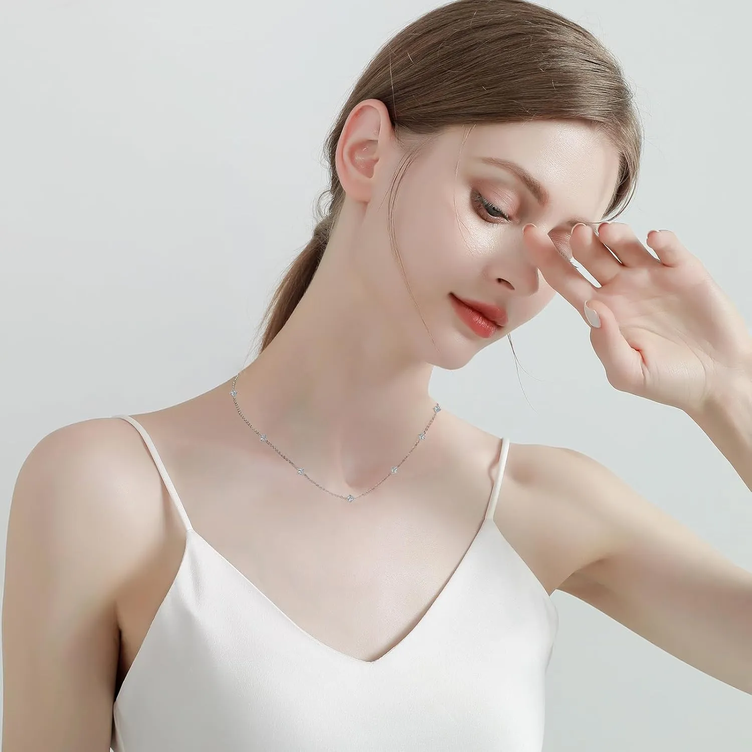 Moissanite Necklace for Women, 925 Sterling Silver Station Choker Necklaces D Color VVS1 Clarity Lab Created Imitation-diamond Dainty Simple Jewelry with Certificate of Authenticity