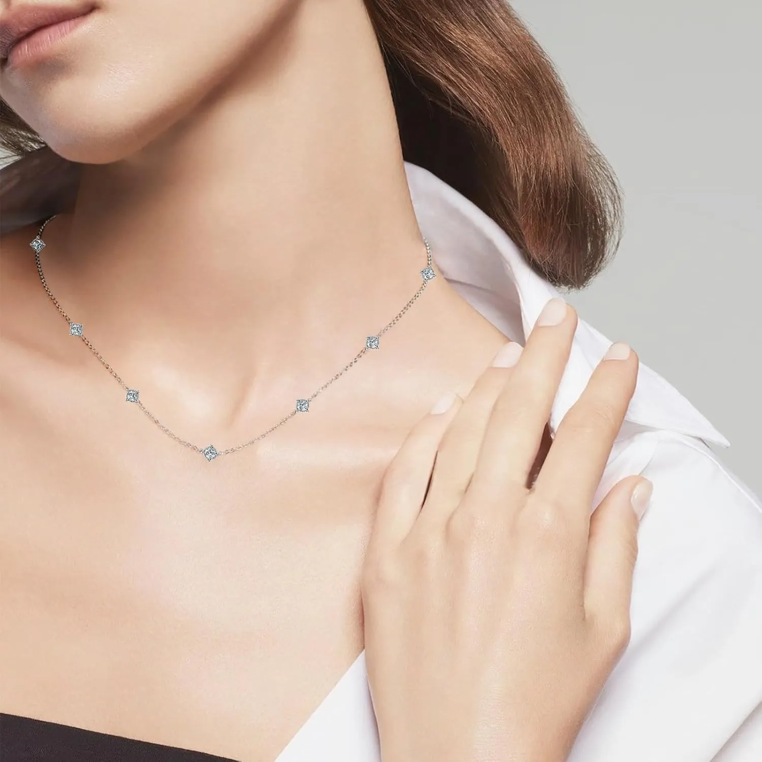 Moissanite Necklace for Women, 925 Sterling Silver Station Choker Necklaces D Color VVS1 Clarity Lab Created Imitation-diamond Dainty Simple Jewelry with Certificate of Authenticity