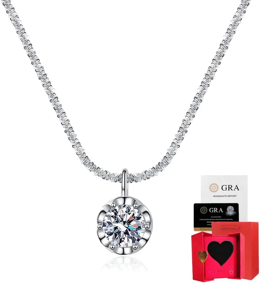 Moissanite Necklace for Women,Sparkling 925 Sterling Silver Pendant Necklace,Crown Moissanite Pendant Necklace for Women