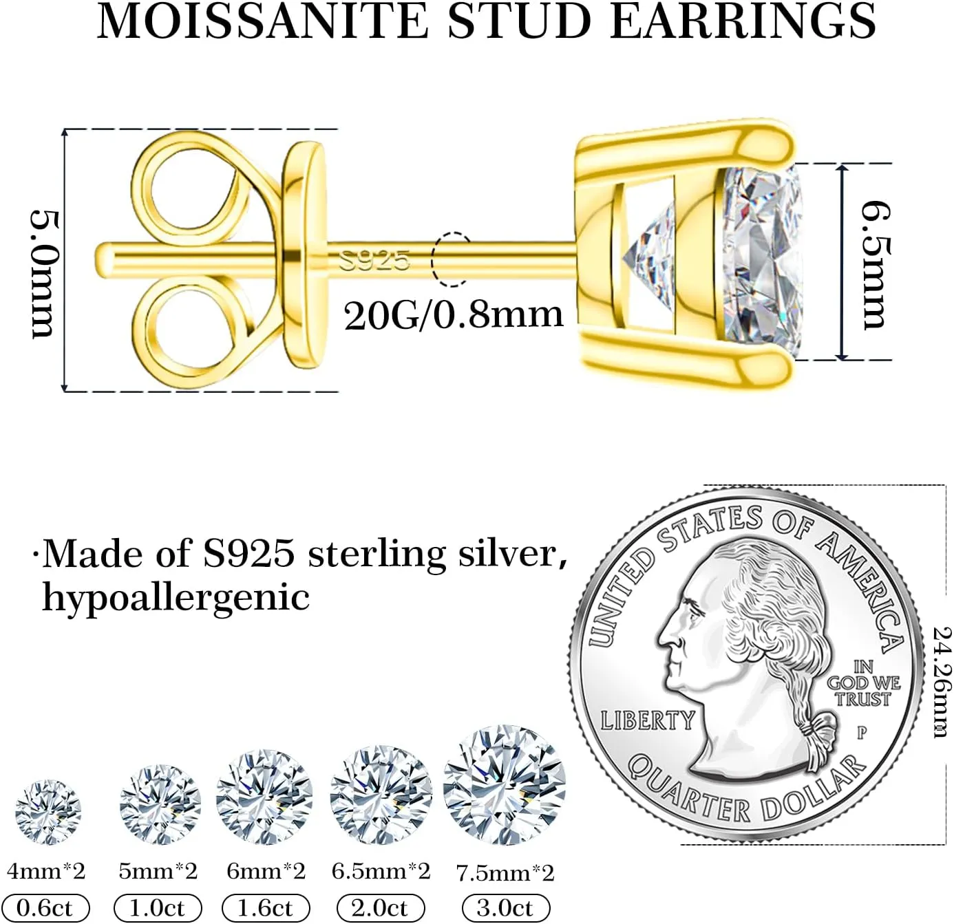 Moissanite Stud Earrings for Men & Women, 925 Sterling Silver, 0.6-3CT D Color, GRA Certified, 18K White Gold Plated, Lab-Created Women Earrings, Hypoallergenic, Wedding Earrings.