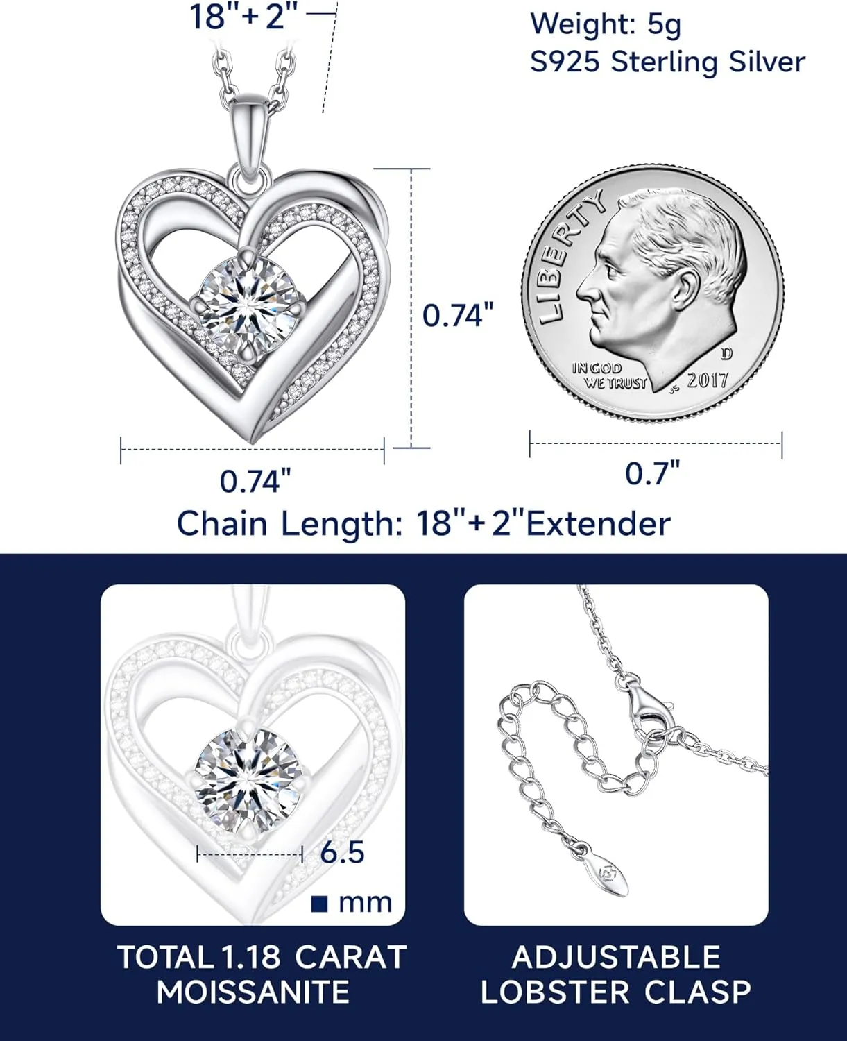 MomentWish Heart Necklace for Women, Gift for Christmas, Moissanite Necklace, D Color VVS1 Simulated Diamond 925 Sterling Silver Necklace, Love Gifts for Birthday Valentine's Day
