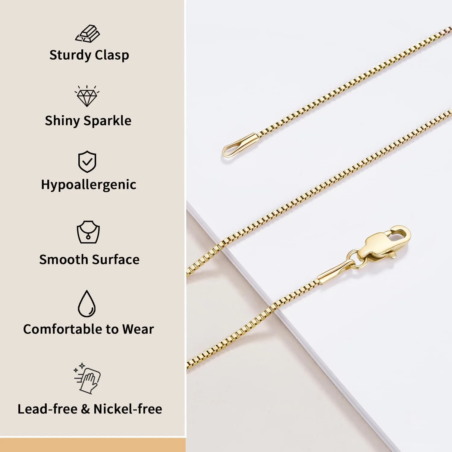 Momlovu Solid 18K Gold Over 925 Sterling Silver Chain Necklace for Women, 1MM Box Chain Hypoallergenic Replacement Necklace Chain Thin Women's Chain Necklaces 14/16/17/18/20/22/24/26 Inch