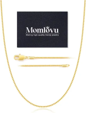 Momlovu Solid 18K Gold Over 925 Sterling Silver Chain Necklace for Women, 1MM Box Chain Hypoallergenic Replacement Necklace Chain Thin Women's Chain Necklaces 14/16/17/18/20/22/24/26 Inch