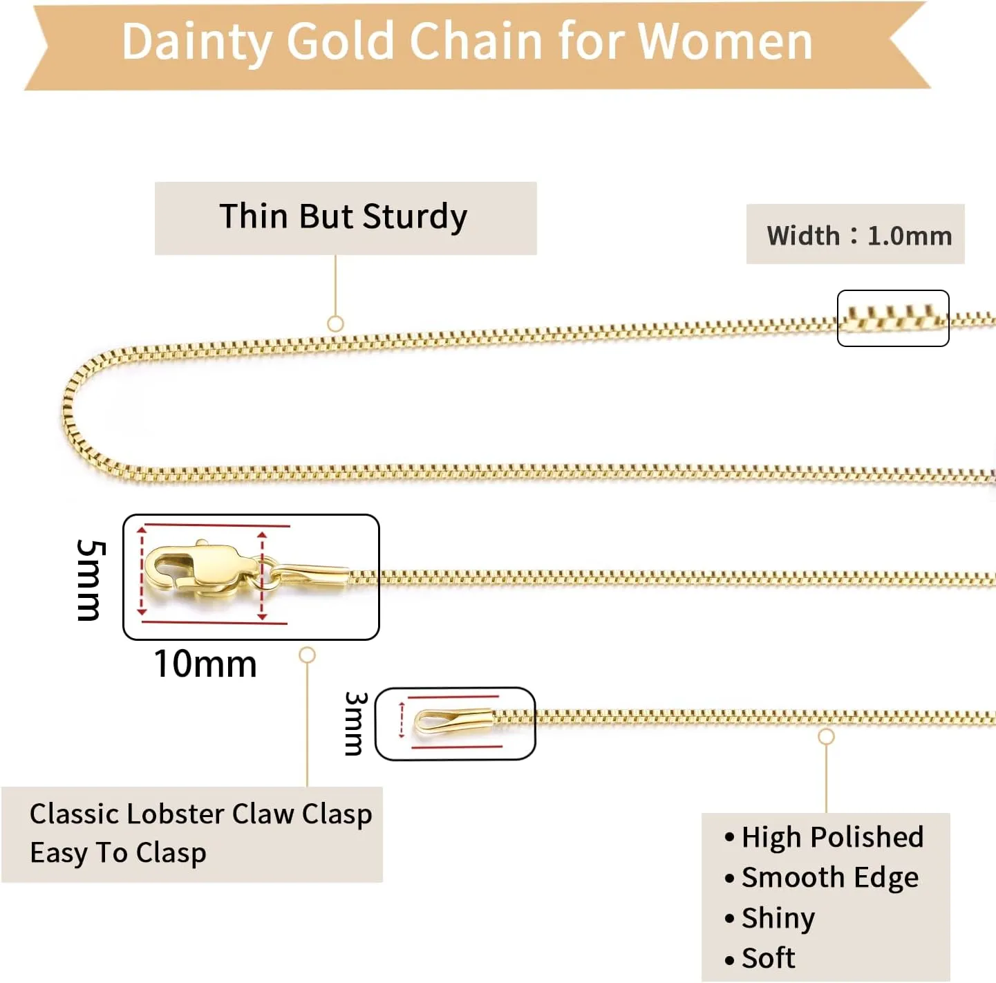 Momlovu Solid 18K Gold Over 925 Sterling Silver Chain Necklace for Women, 1MM Box Chain Hypoallergenic Replacement Necklace Chain Thin Women's Chain Necklaces 14/16/17/18/20/22/24/26 Inch