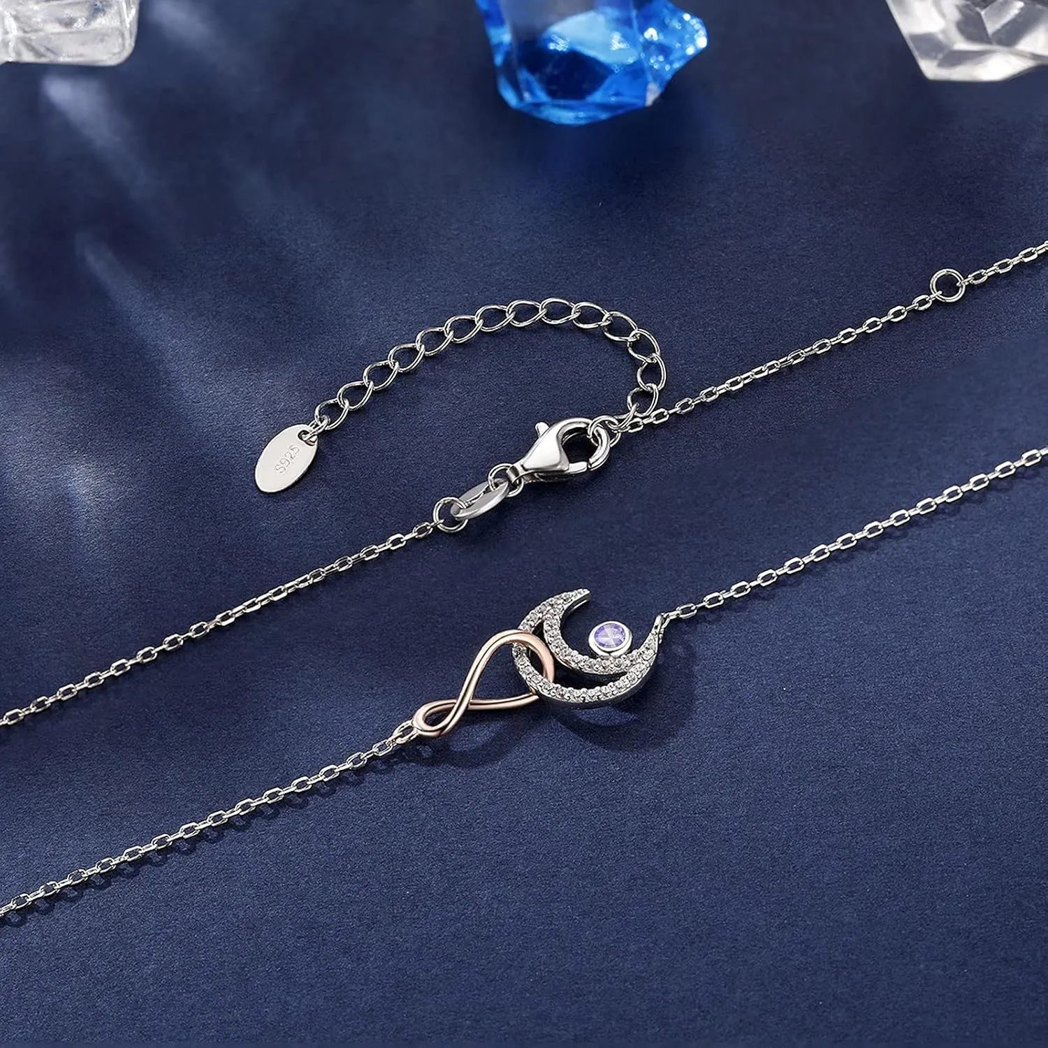 Moon Sky Infinity Birthstone Necklace 925 Sterling Silver Rose Gold Endless Sign Pendant Sparkling Round Cut Gemstone 18 Adjustable Chain Gift for Women Girls