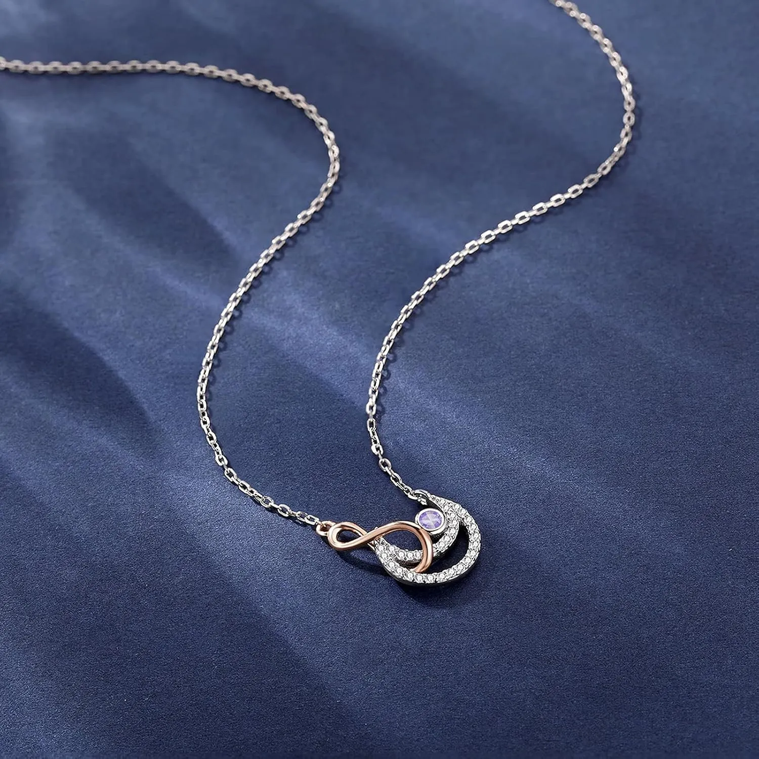 Moon Sky Infinity Birthstone Necklace 925 Sterling Silver Rose Gold Endless Sign Pendant Sparkling Round Cut Gemstone 18 Adjustable Chain Gift for Women Girls