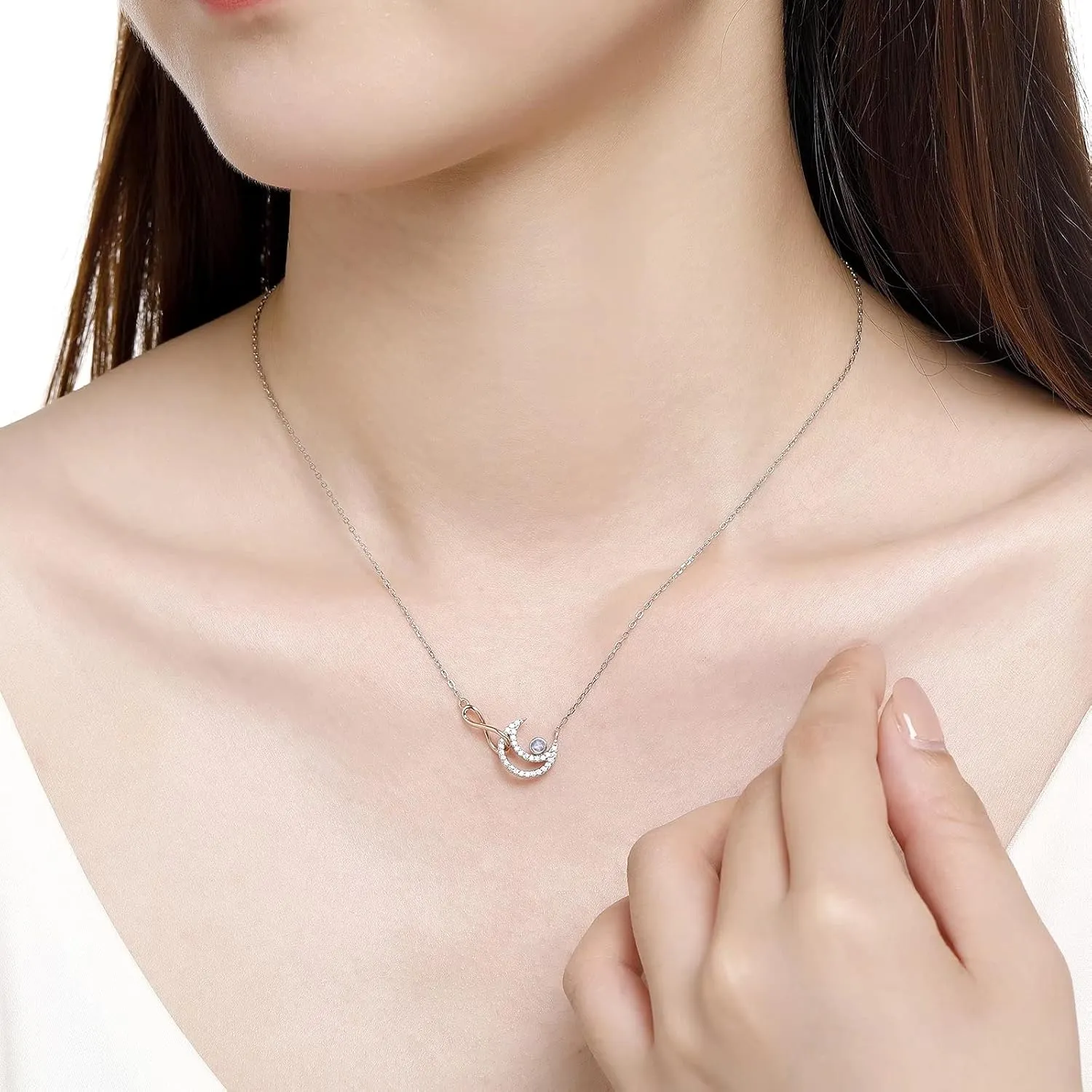Moon Sky Infinity Birthstone Necklace 925 Sterling Silver Rose Gold Endless Sign Pendant Sparkling Round Cut Gemstone 18 Adjustable Chain Gift for Women Girls