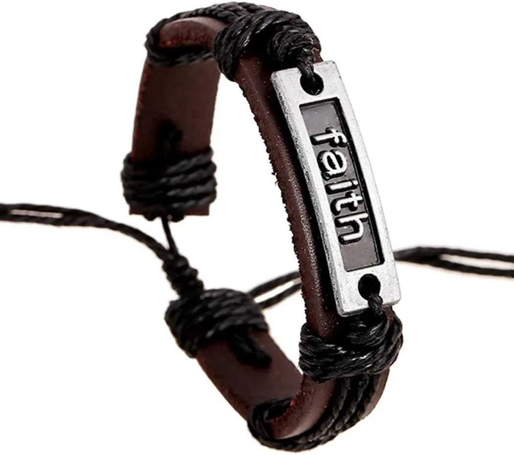 MORE FUN Vintage Mens Womens Coffee Leather Bangle Black Braided Rope Adjustable Wrap Bracelet