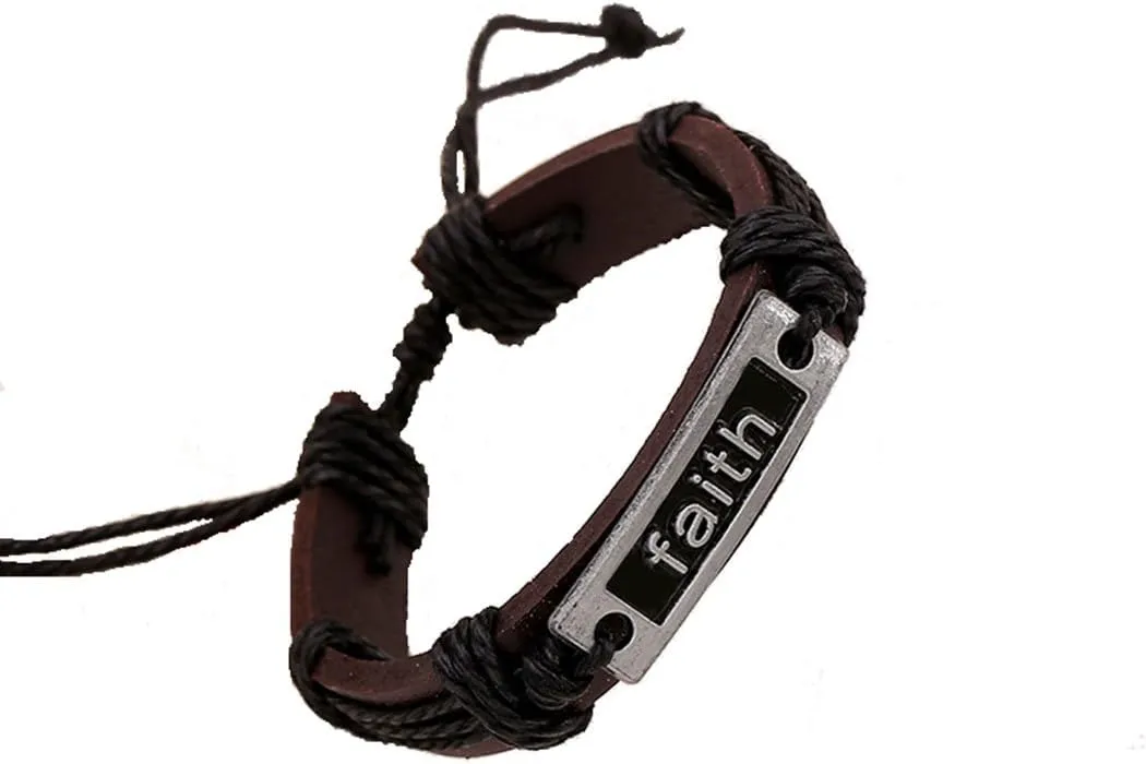 MORE FUN Vintage Mens Womens Coffee Leather Bangle Black Braided Rope Adjustable Wrap Bracelet