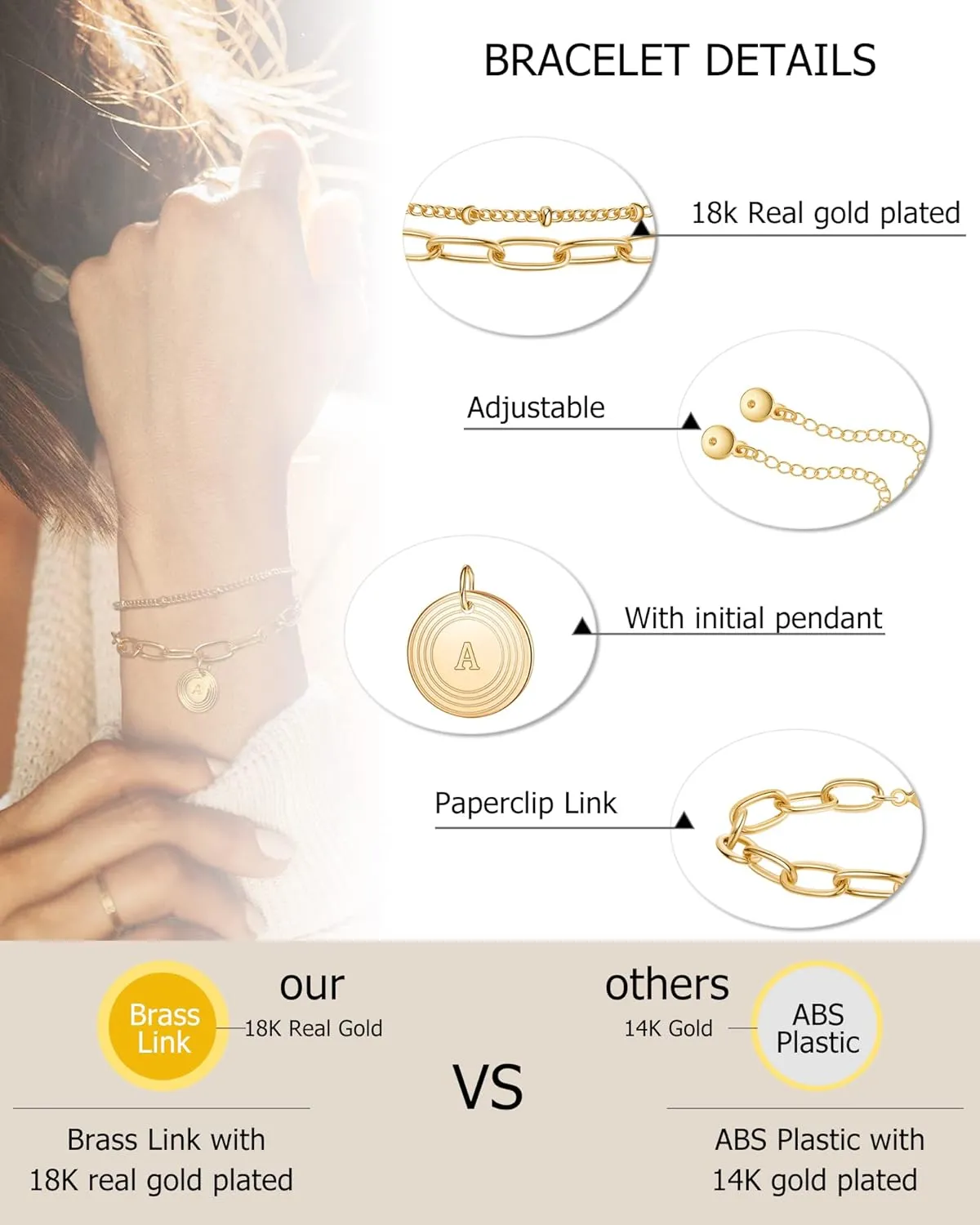MRSXIA Bracelet for Women Gold Initial Sideways Letter A-Z 5MM Cuban Link Curb Chain 18K Gold Filled Dainty Simple Personalized Alphabet Jewelry Birthday Gift