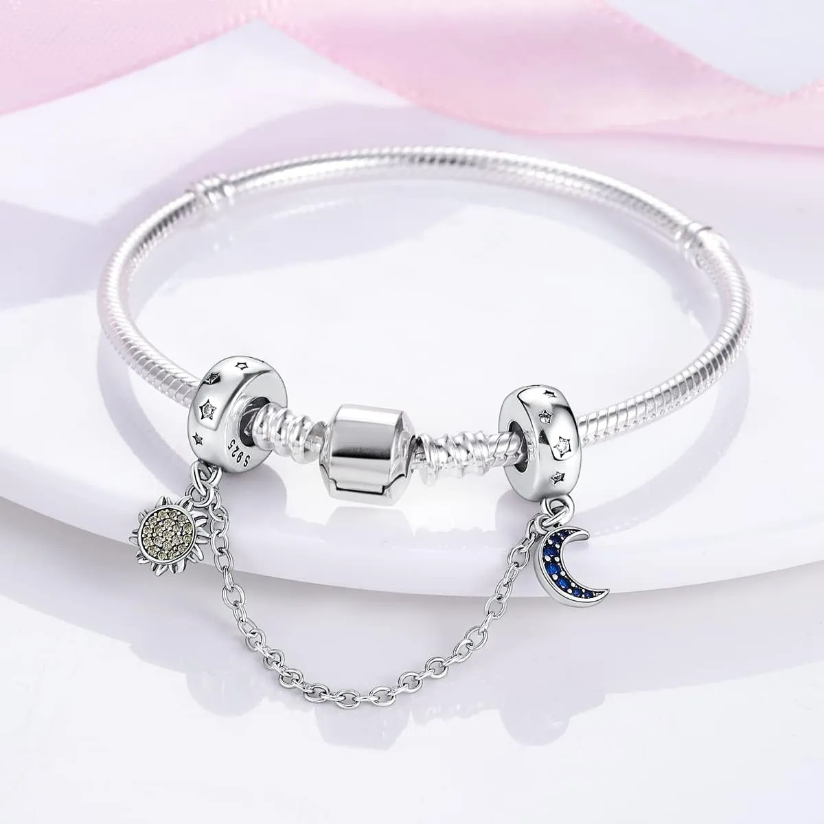 MULA 925 Sterling Silver Safety Chain for Charms Bracelets Dangle Pendants Beads Cute Cat Moon Flower Jewelry Charms for Women