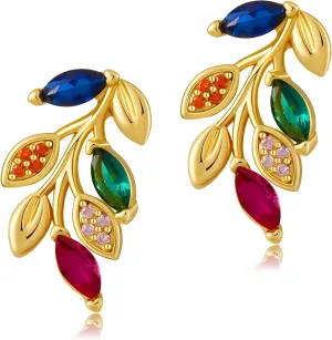 Multicolor|Colorful Zircon Leaf Stud Earrings - 18K Gold Plated Dainty Tree Branch Earrings for Women - Hypoallergenic Cute Jewelry Gifts