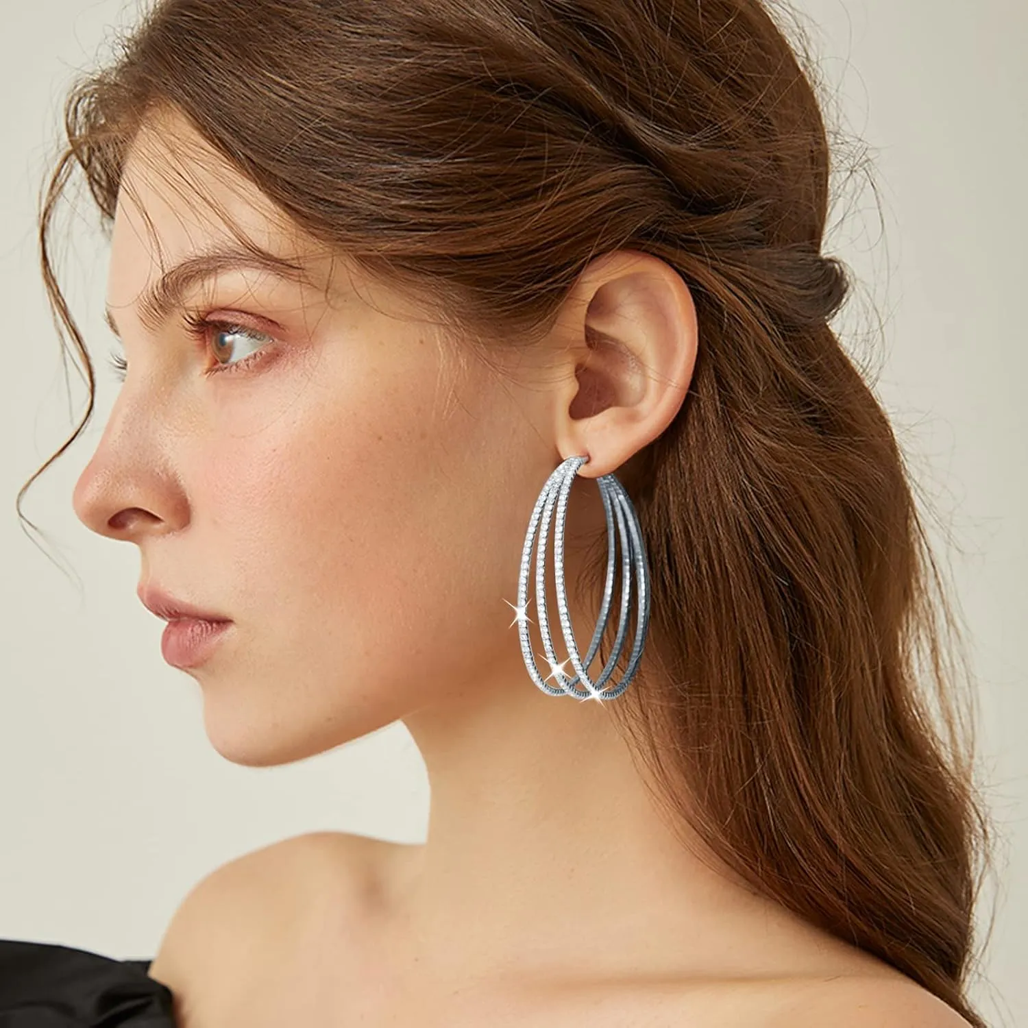 Multilayer Silver Large Rhinestone Hoop Earrings for Women Crystal Big Hoops Earrings Bridal Wedding Jewelry