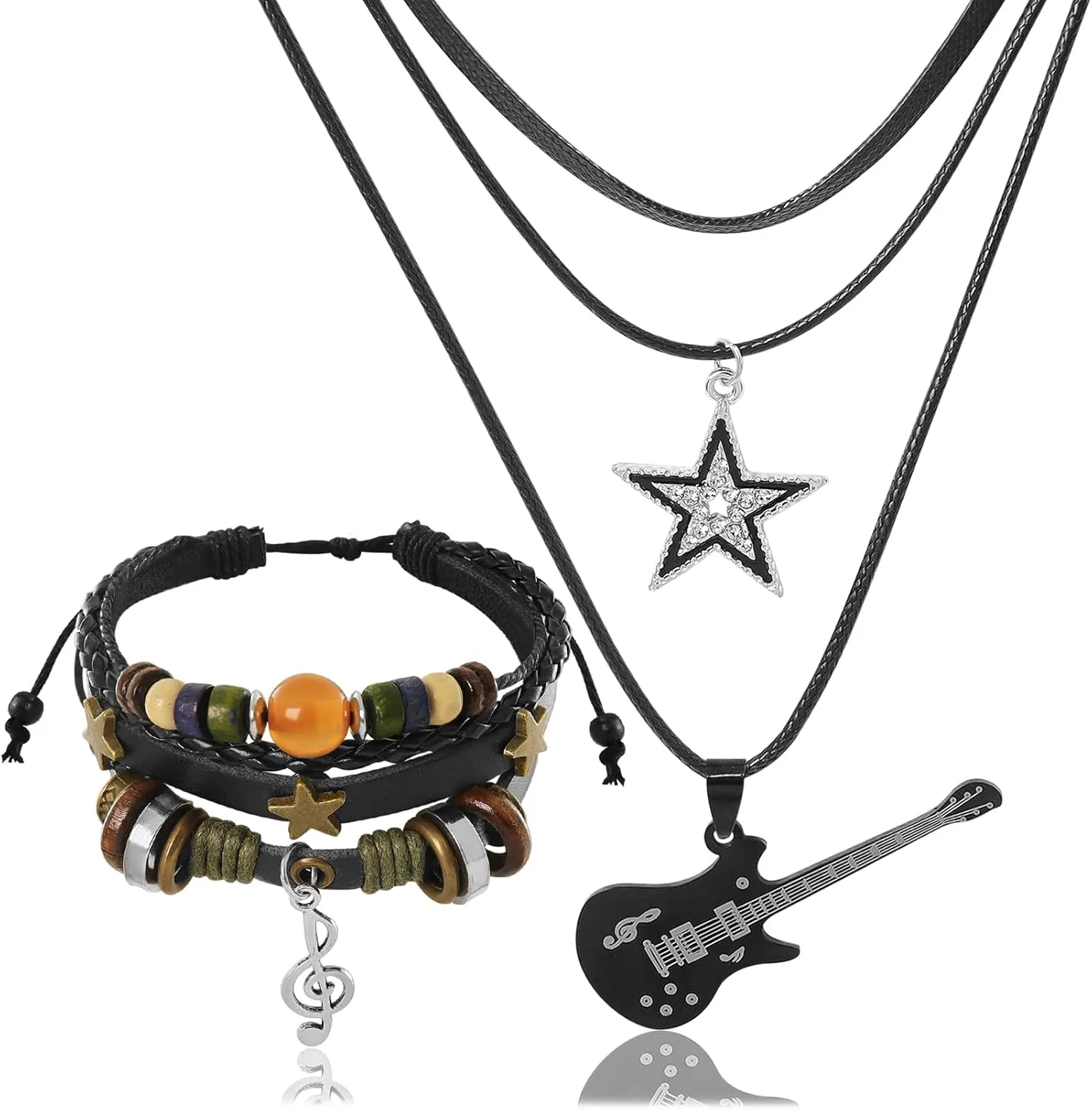 Multilayer Y2k Star Necklace Fairy Grunge Bracelets Set Handmade Fairycore Grunge Jewelry Gothic Swirl Star Necklace Punk Rock Roll Music Guitar Grunge Accessories for Women Men
